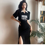 LKSX裙子包臀裙雷絲邊美式polo翻領(lǐng)春夏露腰性感鏤空開(kāi)叉短袖連衣裙in 黑色 S 