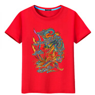 林中尋帶龍圖案的衣服龍短袖男新年紅色T恤龍袍風(fēng)情侶半袖大碼 紅T龍鳳呈祥 成人M