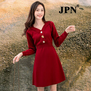 JPN香港潮牌V領(lǐng)針織連衣裙女2025春秋新款修身顯瘦小個子打底毛衣裙 紅色 M