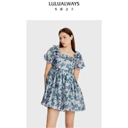 LULUALWAYS夏季新款甜美優(yōu)雅公主風(fēng)大方領(lǐng)系帶法式蝴蝶結女士連衣裙宴會(huì )禮服 藍色 M