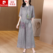皮爾卡丹（pierre cardin）復(fù)古中國(guó)風(fēng)女裝夏季新款休閑棉麻兩件裝款夏裝時(shí)尚亞麻闊腿褲針織 灰色上衣+灰色褲子套裝 M