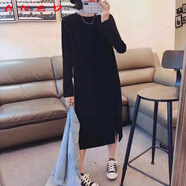 ANED歐貨純棉長(cháng)袖打底t恤裙春秋純色休閑寬松高個(gè)子過(guò)膝長(cháng)款連衣裙女 黑色T51001開(kāi)叉長(cháng)裙純色 S 160
