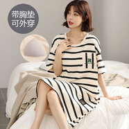 北極絨睡裙女帶胸墊夏季短袖薄款大碼家居服女士睡衣可外穿防走光連衣裙 【帶胸墊款】黑白條紋  M(建議80-100斤)