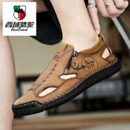 西域駱駝（VANCAMEL）真皮拖鞋出口新款戶外休閑透氣涼鞋拉鏈鏤空百搭洞洞鞋 2509淺棕 42
