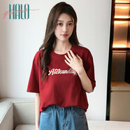 Halo Queen短袖T恤女純色字母印花T恤夏季休閑寬松舒適上衣H143T1590