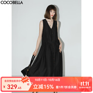 COCOBELLA氣質(zhì)通勤V領(lǐng)無袖連衣裙夏玉石扣抽繩背心裙FR7008-2 子夜黑 S
