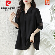 皮爾卡丹（pierre cardin）中長款襯衫女遮屁股短袖蕾絲拼接上衣大|碼胖m|m遮肚顯瘦女士雪紡 黑色 XL 115-130斤
