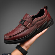 百麗圣步駝厚底休閑男鞋透氣牛皮豆豆鞋休閑一腳蹬懶人鱷魚(yú)紋商務(wù)男鞋大碼 酒紅 38