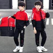 童嘜屋三件套童裝男童套裝兒童男孩秋冬裝保暖加絨加厚運動(dòng)馬甲衛衣長(cháng)褲 紅色 140碼（建議身高130cm）