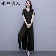 水畔衣人高檔雪紡墜感闊腿褲套裝女夏2024年新款女裝氣質(zhì)飄紗長褲兩件套潮 黑色 2XL（125-135斤）