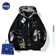 NASALIKE官方外套男秋冬季假兩件連帽夾克男士休閑棒球服寬松工裝沖鋒上衣 黑色（713） L （建議100-120斤）