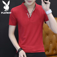 花花公子（PLAYBOY）短袖t恤男士白色半袖衣服短袖男裝夏季潮流百搭體恤男款 紅色 2XL