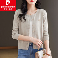 皮爾卡丹（pierre cardin）低領(lǐng)短款毛衣開(kāi)衫女新款薄款外搭針織外套寬松洋氣上衣純色春秋 卡其 S
