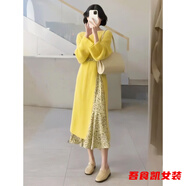 顏熏末中長(zhǎng)款連衣裙女春秋新款圓領(lǐng)套頭法式設(shè)計(jì)開叉感疊穿毛衣裙 8707碎花吊帶裙 M +80-100斤