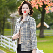 情羅蘭媽媽裝春秋外套中老年女裝秋季新款洋氣50歲秋裝格子毛呢大衣短款 米灰色 3XL 建議115-130斤