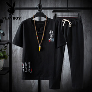 花花公子（PLAYBOY）亞麻套裝男款冰絲短袖t恤中式男裝中國風唐裝年輕棉麻爸爸裝 TZ015黑色 3XL 適合150至165斤