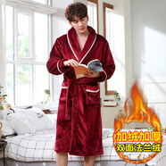 瓊瑛法蘭絨情侶睡袍女士浴袍春秋冬季珊瑚絨睡衣加厚浴衣家居服 QY043A酒紅一件 XXL