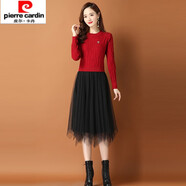 皮爾卡丹針織連衣裙年秋季新款時(shí)尚洋氣假兩件女裝配大.衣蕾絲打底裙子 酒紅色 M