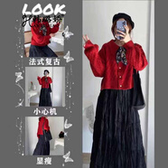 韓璐嬌 22年秋冬連衣裙女新款女裝套裝韓版時(shí)尚氣質(zhì)開衫毛衣chic顯瘦半身裙子女洋氣減齡兩件套套裝裙 紅色毛衣+半身裙 S