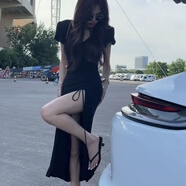 愷吉銳性感抽繩連衣裙女2024夏裝氣質(zhì)純欲風(fēng)開叉收腰打底T恤長(zhǎng)裙子 黑色 M 建議110斤