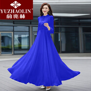 俞兆林（YUZHAOLIN）新款女長(zhǎng)袖系帶領(lǐng)純色雪紡連衣裙修身顯瘦沙灘度假長(zhǎng)款大擺裙 寶藍(lán)色 XL _建議115-125斤