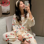 浪莎公主睡衣女長(cháng)袖櫻桃蕾絲寬松套裝可愛(ài)甜美家居服 櫻桃小熊 M