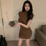 桃伊悠純欲風性感修身短袖高領連衣裙女夏季辣妹短裙緊身收腰氣質包臀裙 咖色 L