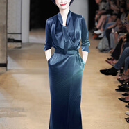 以舟高級感醋酸緞面連衣裙女夏法式歐洲站春夏主持長(cháng)裙時(shí)尚禮服高端 藏藍(七分袖)材質(zhì)醋酸緞 S