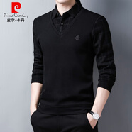 皮爾卡丹（pierre cardin）襯衫領(lǐng)假兩件套男秋季長(zhǎng)袖t恤加絨毛衣假領(lǐng)上衣條紋襯衣針織 T9833黑色 常規(guī) L 170體重115斤-130斤