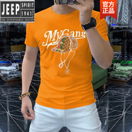 吉普（JEEP）高檔2025燙鉆短袖男潮牌夏季t恤歐美冰絲帥氣半袖青年純棉情侶T 橙色 4XL 175-195斤