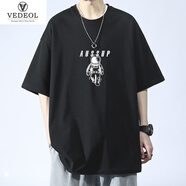 梵調(diào)（VEDEOL）短袖T恤男純棉重磅圓領(lǐng)寬松打底小汗衫半袖男裝印花白色小t 黑色 4XL