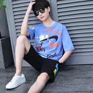 啄木鳥(niǎo)13青少年運動(dòng)套裝男孩12-15歲高中初中學(xué)生短袖T恤14帥氣大童夏裝 DS-5517藍色(上衣+褲子) M