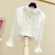 陸際（LUJI）2023秋裝新款韓版時(shí)尚蕾絲娃娃領(lǐng)荷葉邊喇叭袖絲絨襯衫女休閑襯衫 白色 S