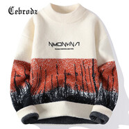 Cebrodz法國 毛衣男秋冬季日系慵懶寬松圓領(lǐng)上衣撞色潮流加厚打底針織衫 桔紅色 L