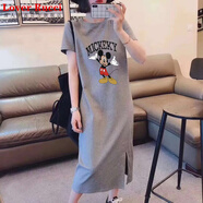 LOVER RUCCI純棉短袖t恤裙女2025夏季新款中長款寬松過膝長裙卡通時尚連衣裙 灰色(字母紅褲米奇款) M