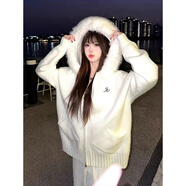 燦圖白色軟糯慵懶風(fēng)連帽毛領(lǐng)針織衫外套女秋冬季設計感拉鏈開(kāi)衫毛衣潮 白色 均碼 建議80-150斤