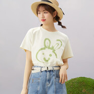 紫涵（ZIHAN）夏季米色T恤寬松純棉短袖女打底衫內搭印花圓領(lǐng)上衣韓版甜美 米色 XS