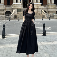 FENCYSWEET黑色莫代棉拼接雪紡連衣裙女2025春夏法式方領(lǐng)T恤長(cháng)裙高級感裙子 黑色3525兩側口袋 S 78-90斤