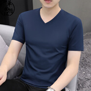 單曲循環(huán)潮牌冰絲莫代爾短袖t恤男新款夏季V領(lǐng)半袖灰色修身薄款體恤 寶藍 M