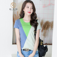 KUFANXI品牌原創(chuàng  ) 短袖T恤女春夏新款ins超火時(shí)尚修身拼接撞色圓領(lǐng)洋氣 綠色 S