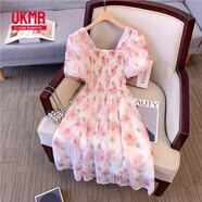 UKMR大碼泡泡袖方領(lǐng)褶皺碎花連衣裙女夏季新款微胖MM高腰顯瘦短袖裙子 粉色【加里面料】 M 【建議96-105斤】