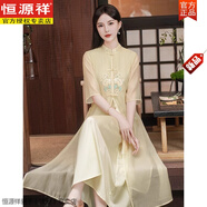 恒源祥中國(guó)風(fēng)禪意茶服女夏季新款刺繡新中式仙氣飄逸旗袍氣質(zhì)改良連衣裙 杏色 凰影 XL 【建議115-125斤】
