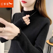 紅蜻蜓針織衫女春韓版新款女裝打底毛衣半高領修身蕾絲拼接女士線衣女 黑色 均碼 （適合80-130斤）