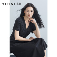 易菲（YIFINI）V領(lǐng)短袖經(jīng)典黑色氣質(zhì)顯瘦中長款連衣裙女夏季新款B05Y3972 黑色 0M