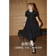 庫恩瑪維復(fù)古泡泡袖連衣裙女2024夏新款高腰A字裙短袖黑色襯衫裙K30622 黑色 M