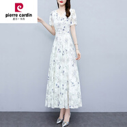 皮爾卡丹（pierre cardin）碎花雪紡連衣裙子女士夏季2024年新款大I碼遮肉顯瘦氣質(zhì)中長裙 藍(lán)灰花 L (101-117斤)