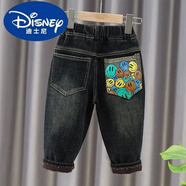 迪士尼男童絨牛仔褲冬裝新款男寶寶褲子秋冬款洋氣一體絨長(cháng)褲加厚 黑灰 90 可以開(kāi)檔
