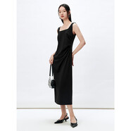 太平鳥女裝連衣裙方領無袖氣質吊帶春收腰抽皺中長款裙子 黑色 M 