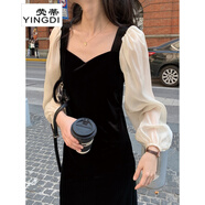熒蒂連衣裙女撞色燈籠袖V領(lǐng)露鎖骨赫本風(fēng)連衣裙假兩件收腰絲絨小黑裙 黑色 S