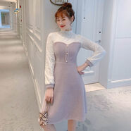 YUDA蕾絲連衣裙女秋冬季2024年新款女裝半高領(lǐng)拼接毛衣裙小個(gè)子打底裙 紫色連衣裙 S 建議80--95斤